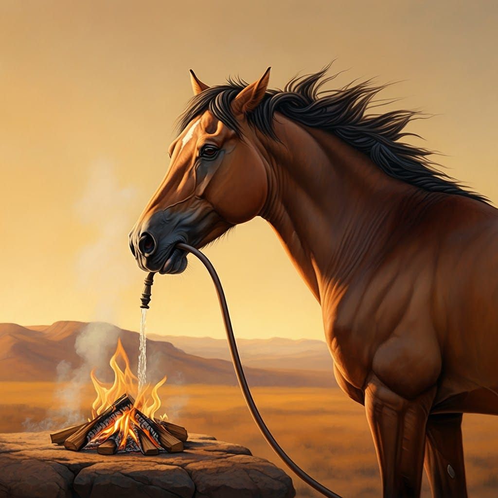 Wild Horse Hydrates, Photorealistic Oil Painting