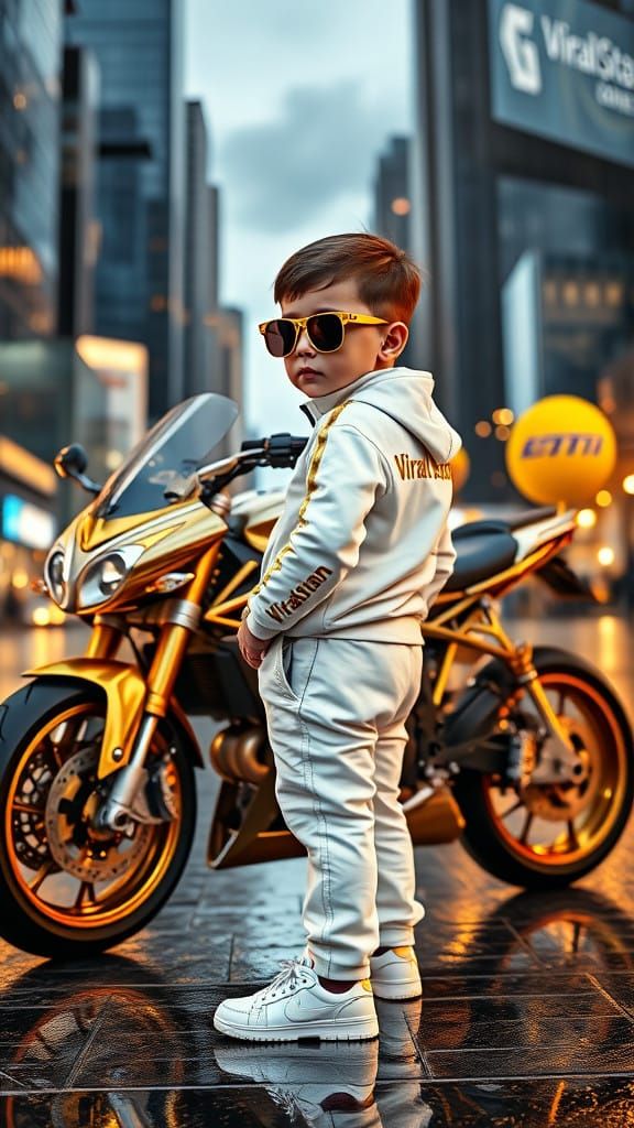 Confident Toddler Stands Beside Luxury Motorcycle