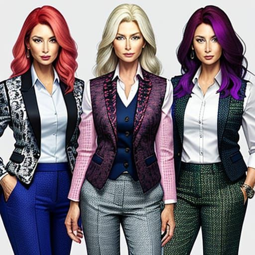 Three Businesswomen in Matching Jacquard Suits