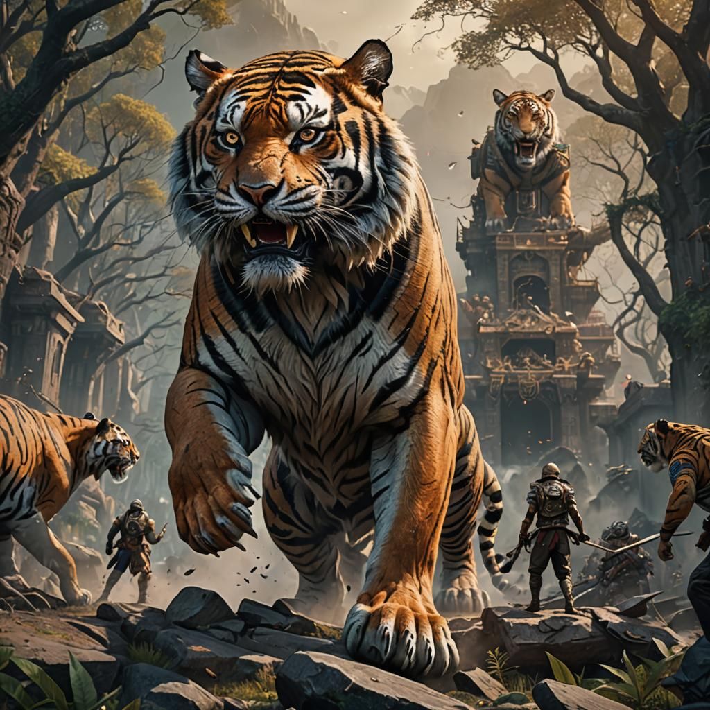 Giant Tiger and Human War: Fantastical Art