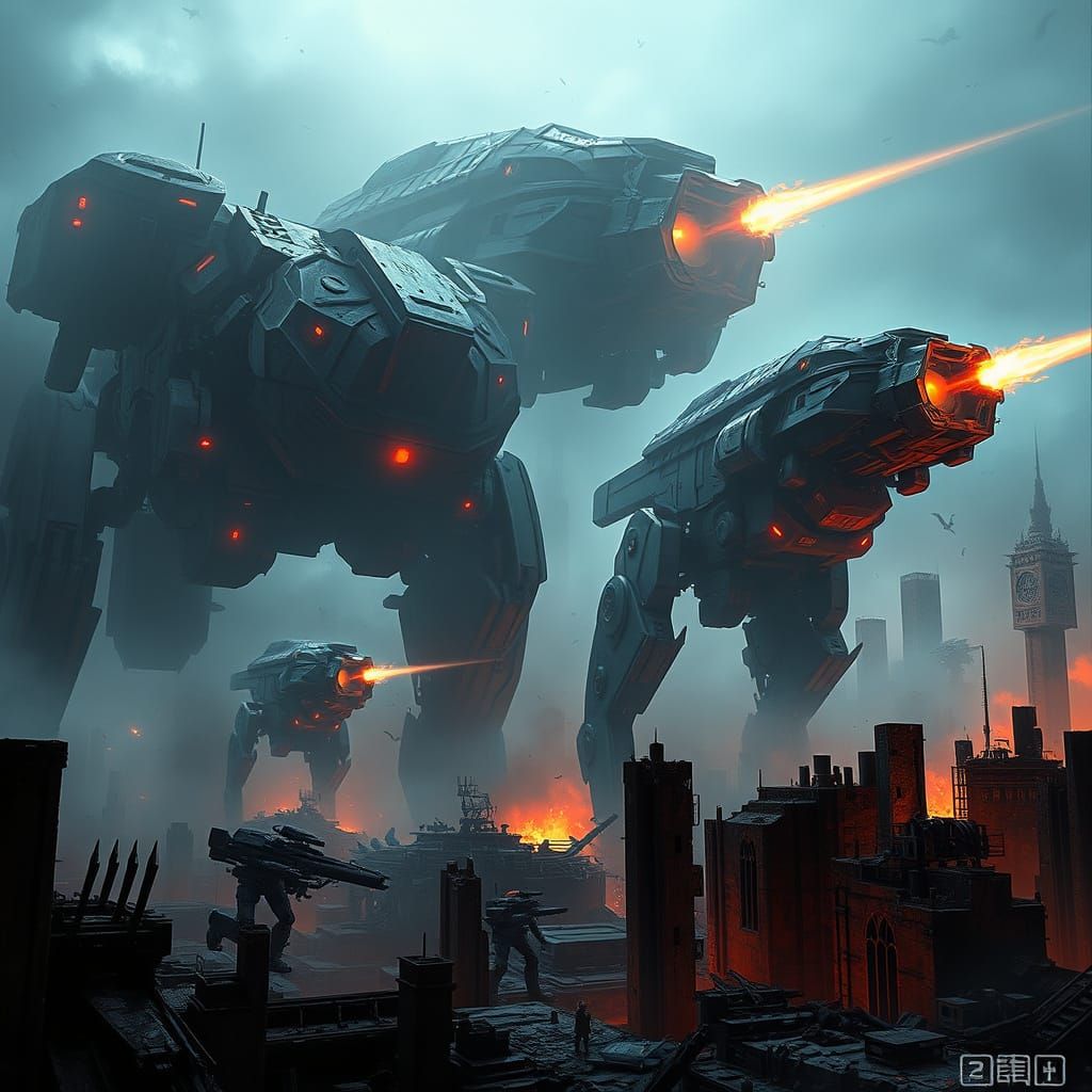 Cyberpunk Mech Battle in a Post-Apocalyptic Ruin
