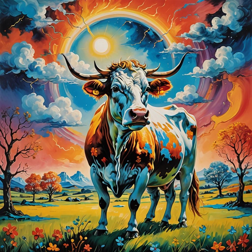 Surreal Cow with Halo in Dream Landscape