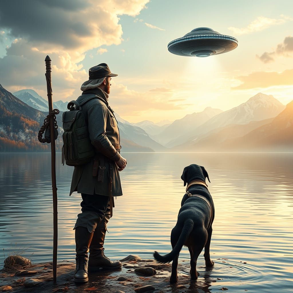 Traveler and Dog Gaze Up at a Hovering UFO by a Ruffled Lake