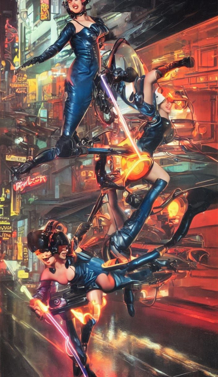 Retro-Futuristic Pin-Up Model with Skateboard in Neon City