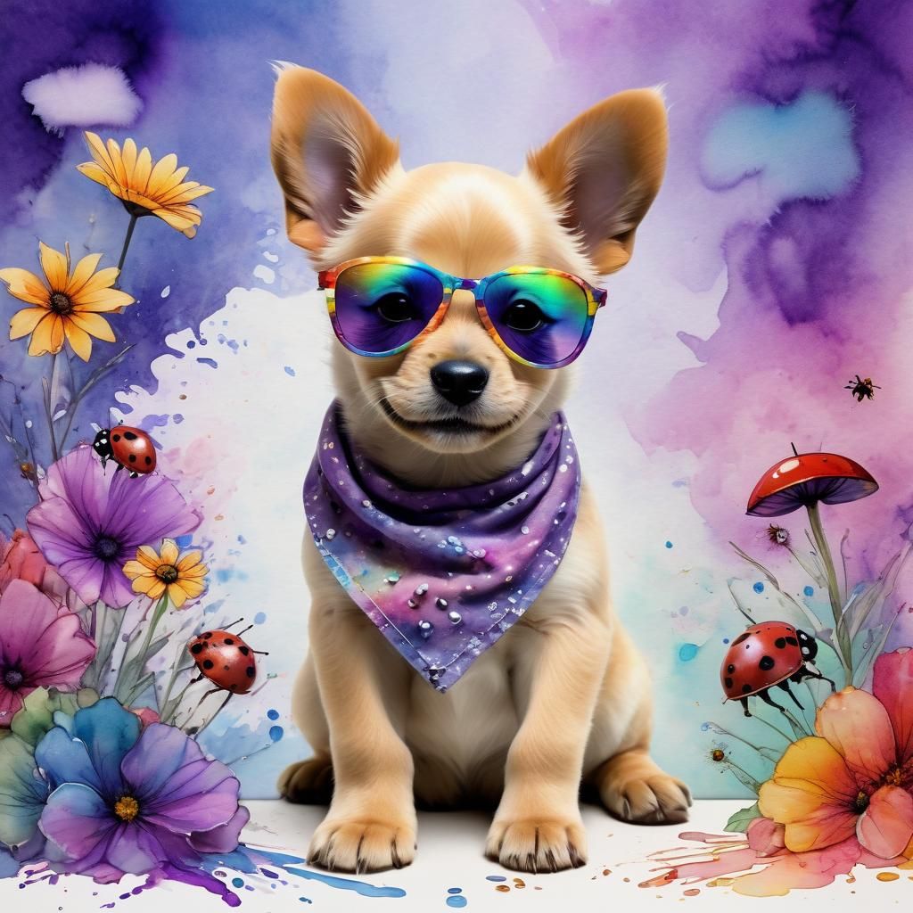 Rainbow Puppy with Shades in Watercolor Dreamscape