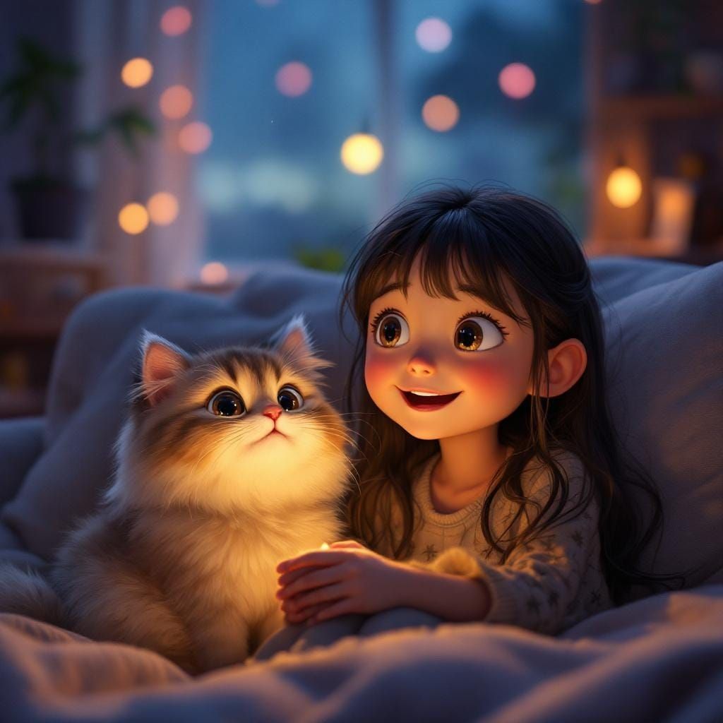 Cozy Evening: Girl and Cat Watch Magical Screen