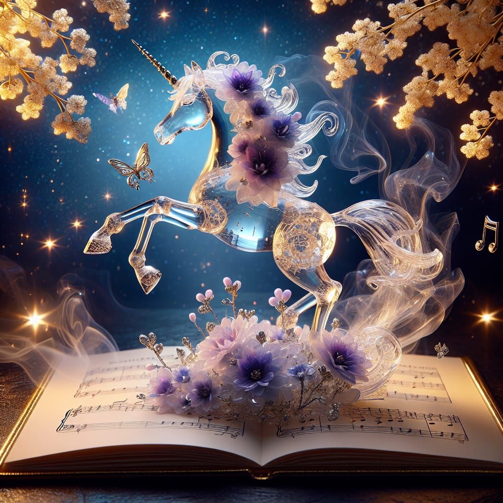 Crystal Unicorn with Flowers and Bioluminescent Butterflies