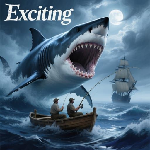 A colossal shark erupts vertically from the churning ocean, ...