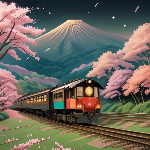 Origami Locomotive in Japanese Landscape, Woodblock Style