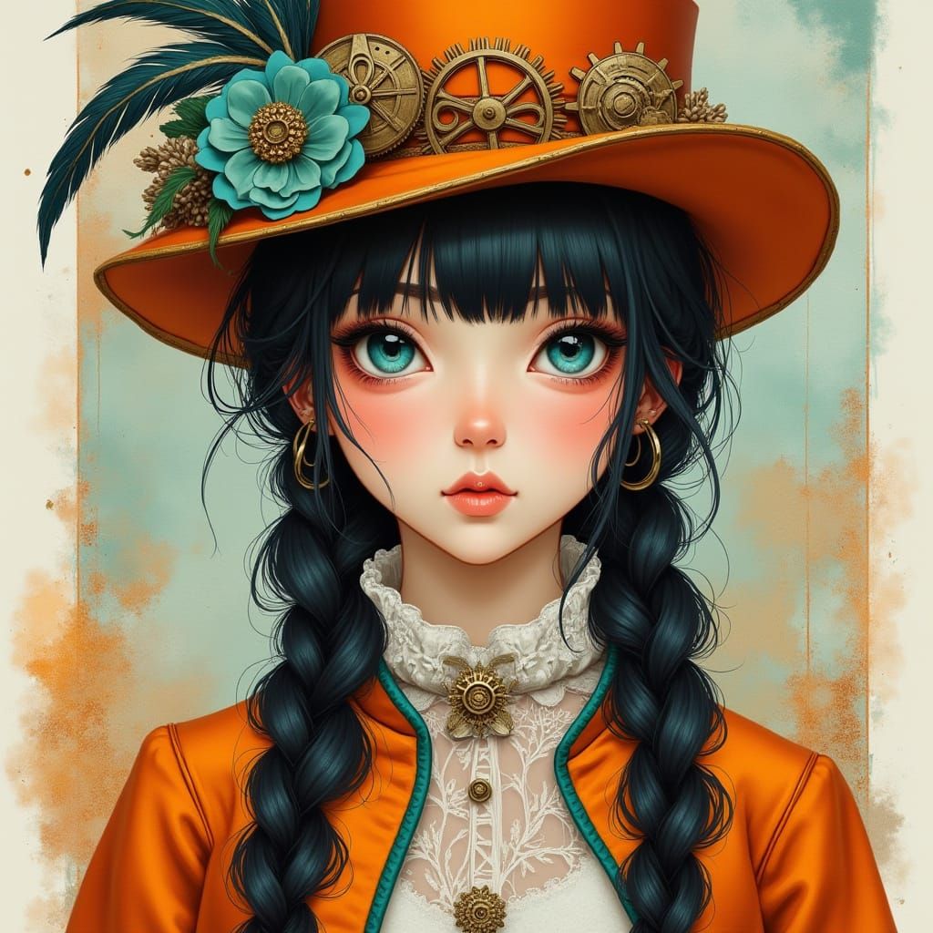 highly detailed expression as the watercolor and oil portrait of a beautiful young woman. Her long, jet black hair is br...