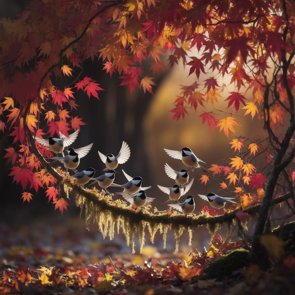 Chickadees in Vibrant Autumn Foliage