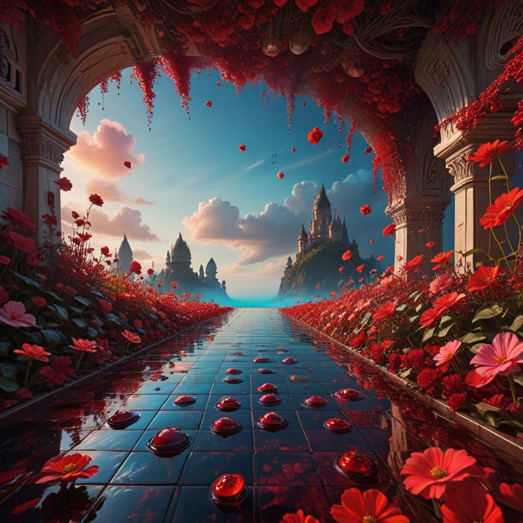 Surreal Dreamscape: Floating Eyes Bloom in Crimson Sea