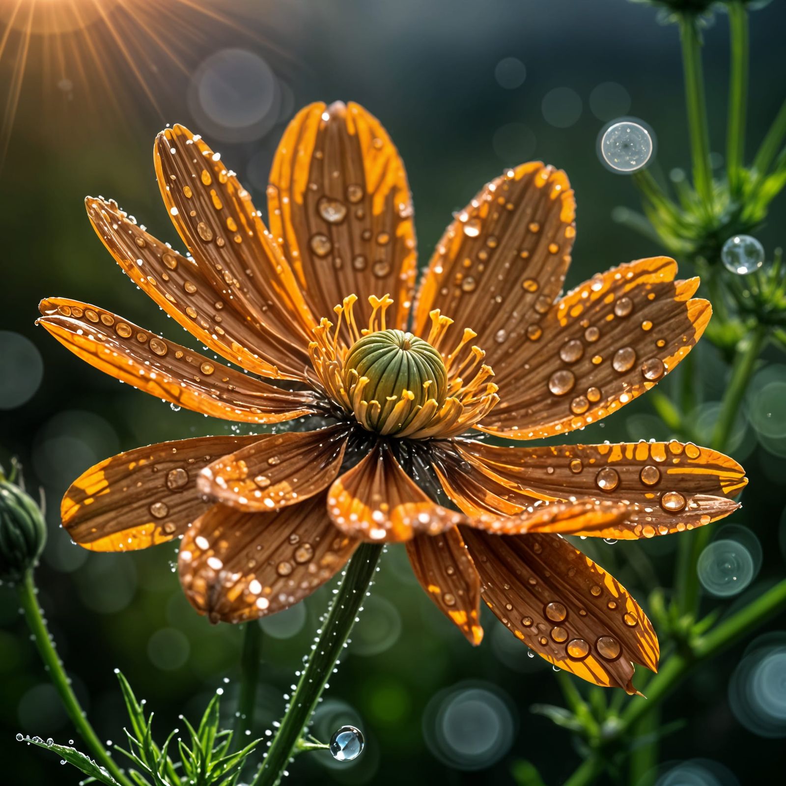 Orange Cosmos Flower with Dewdrops at Sunrise