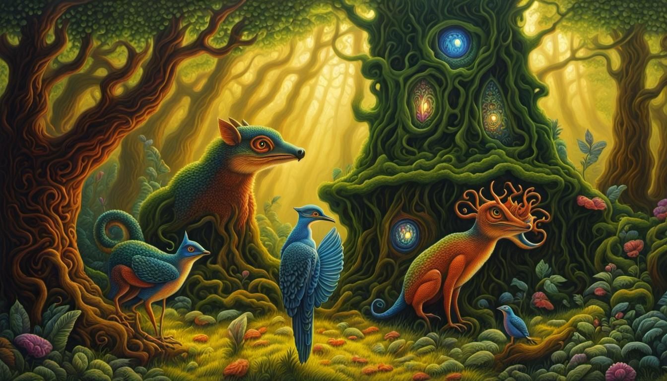 Enchanted Forest with Whimsical Creatures in Surreal Style