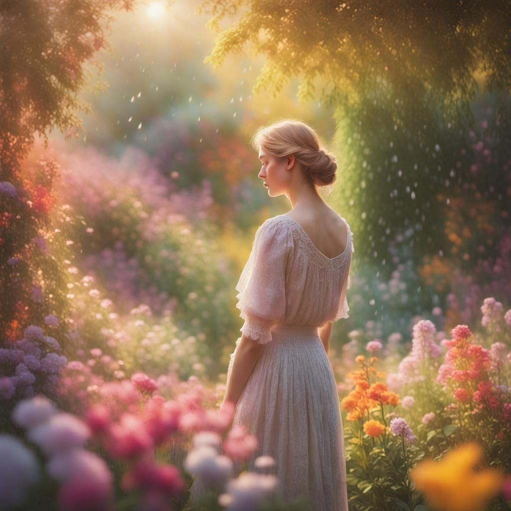 Impressionistic Garden Scene with Crying Figure