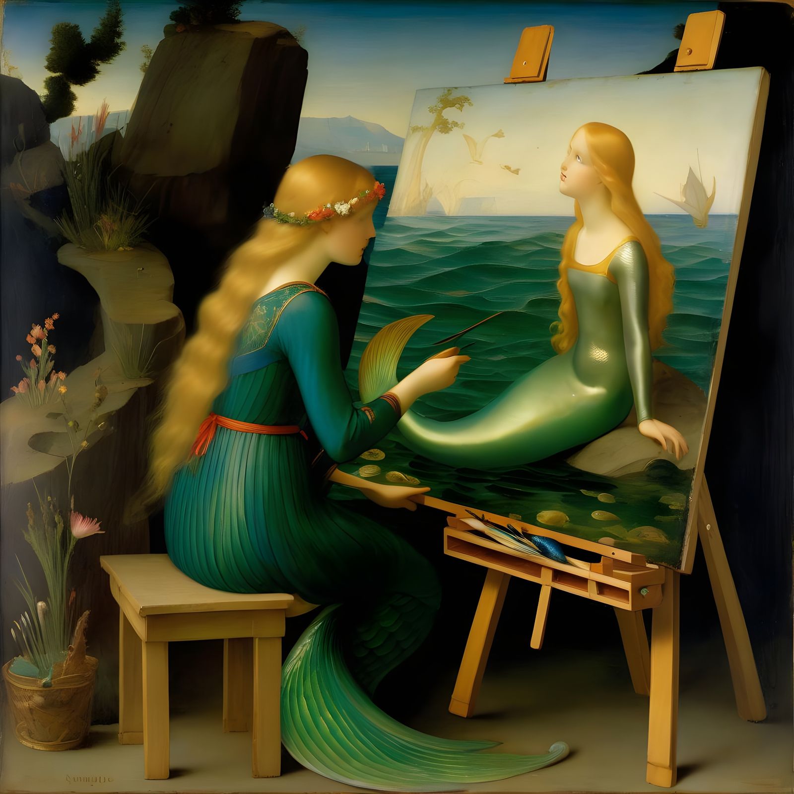 Mermaid Painting in Pre-Raphaelite Style on Easel