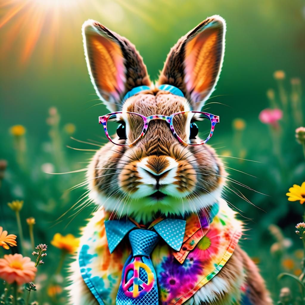 Psychedelic Bunny Portrait in a Flower Field