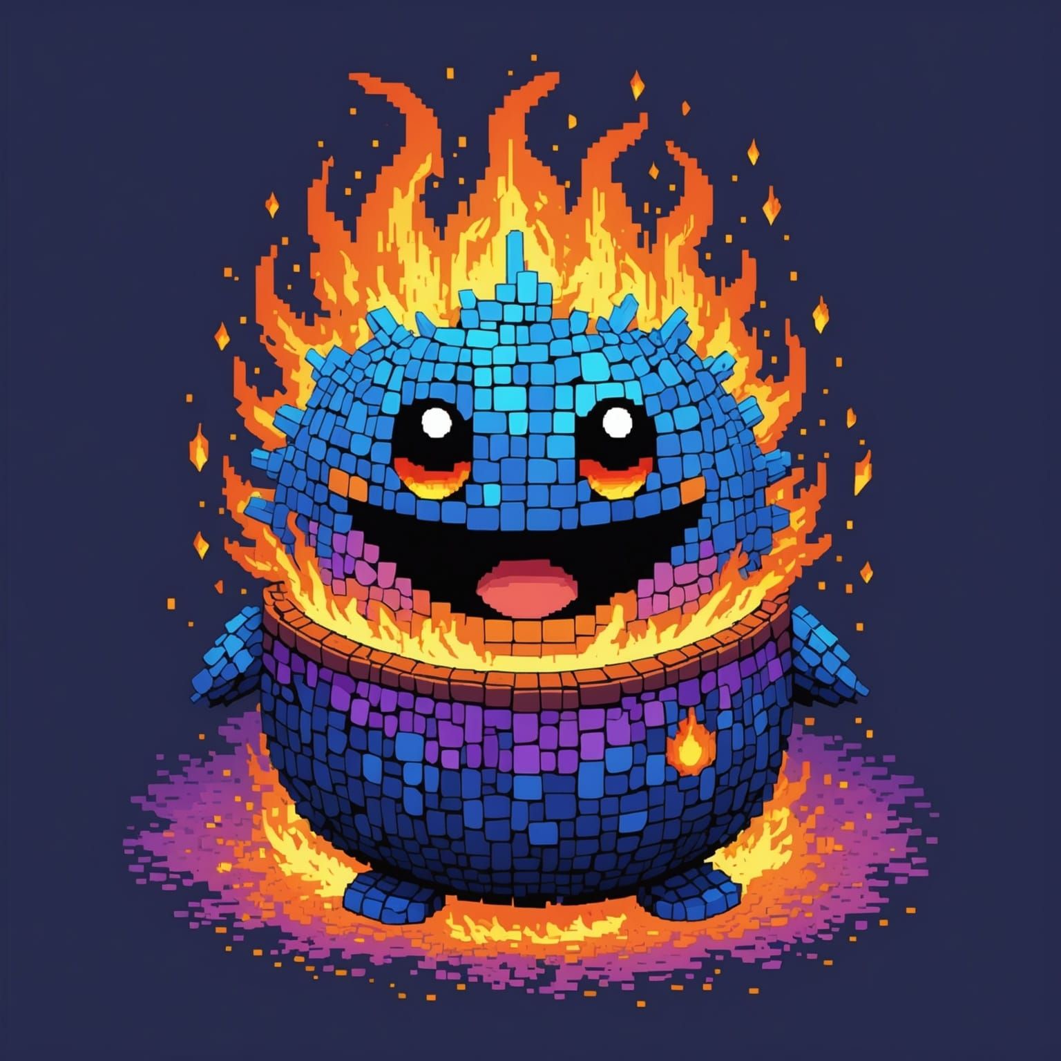 Blue Smiling Flame in Pixel Art Style