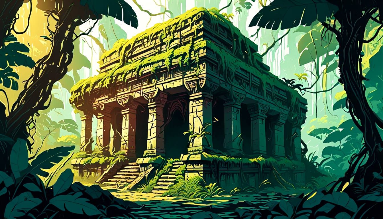 Abandoned Temple in Retro-Futuristic Comic Book Style
