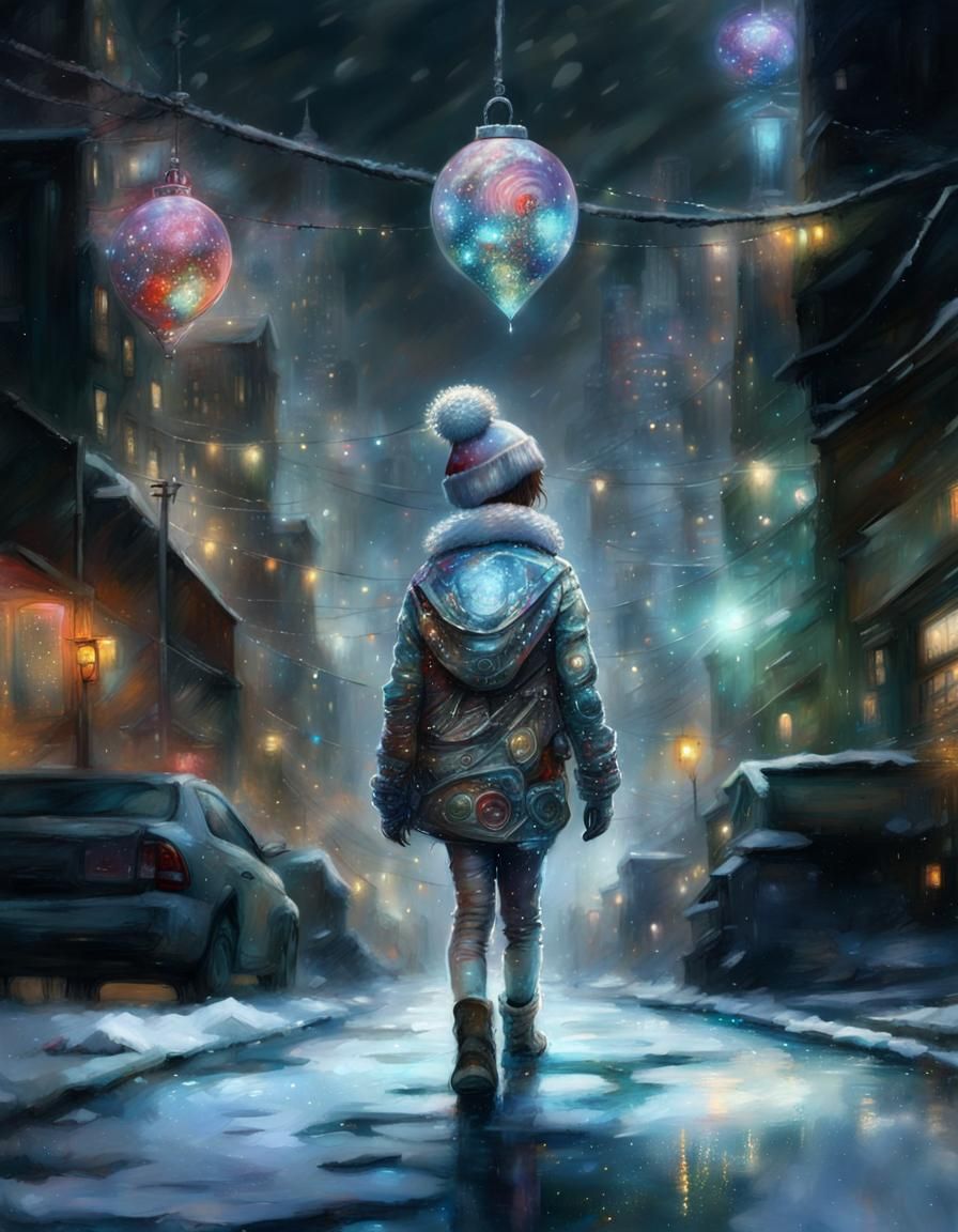 Festive Cyborg Walks Through Dystopian City