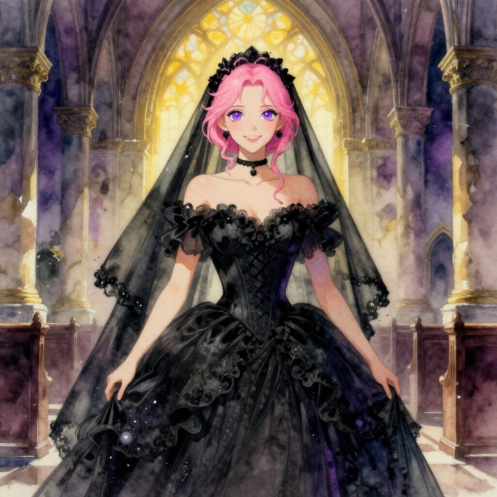 Pink Haired Bride in Black Gown in Abandoned Church