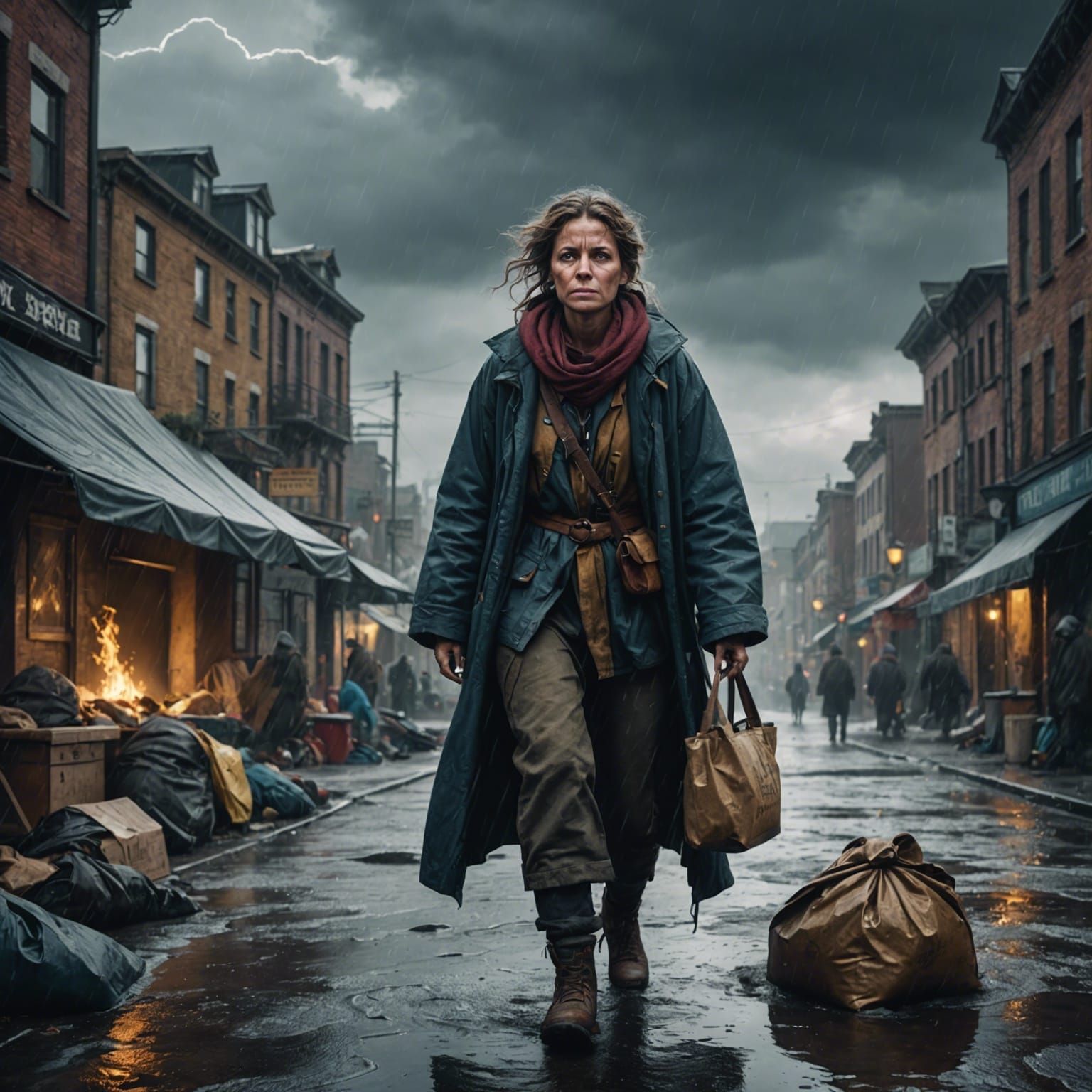 Homeless Woman in Storm: Detailed Matte Painting