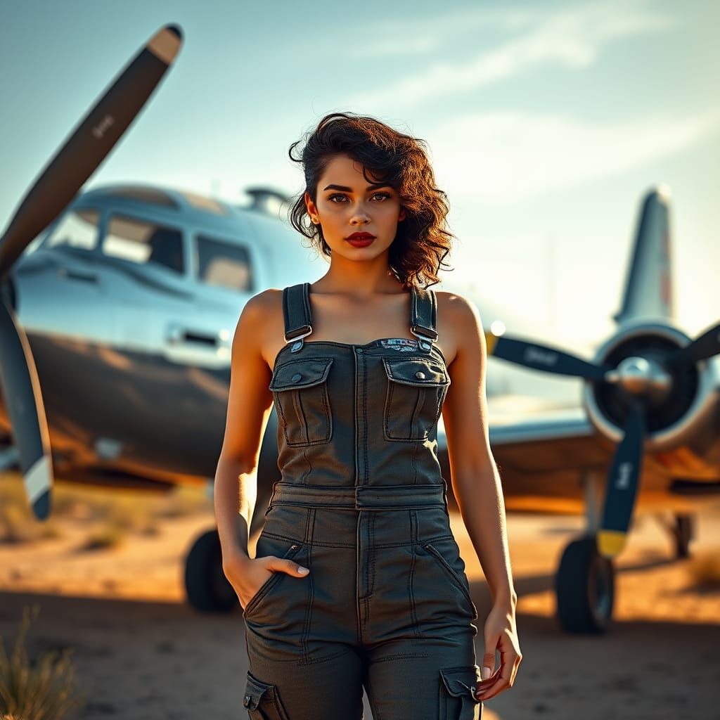 Retro Pin-Up Model with Airplane, Digital Art