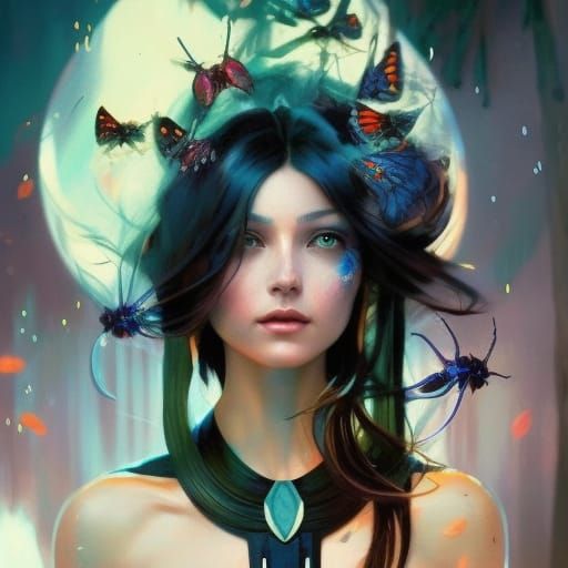 Woman Surrounded by Technicolor Insects: Art Nouveau Portrai...