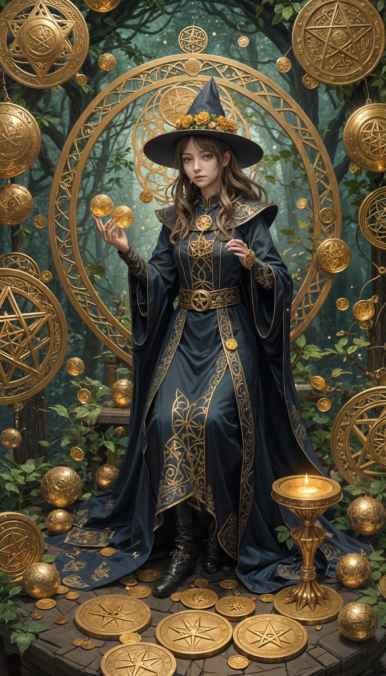 Nine of Pentacles Tarot Card in Anime Style