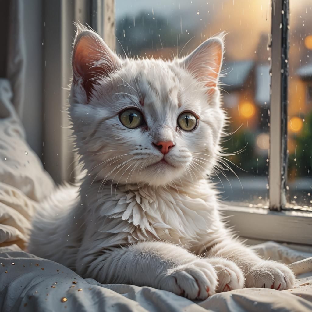 Kitten Watching Rain: Hyperrealistic Digital Art