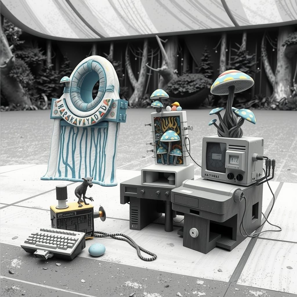 Surreal Chewing Gum Bungalow with Mushroom Flags