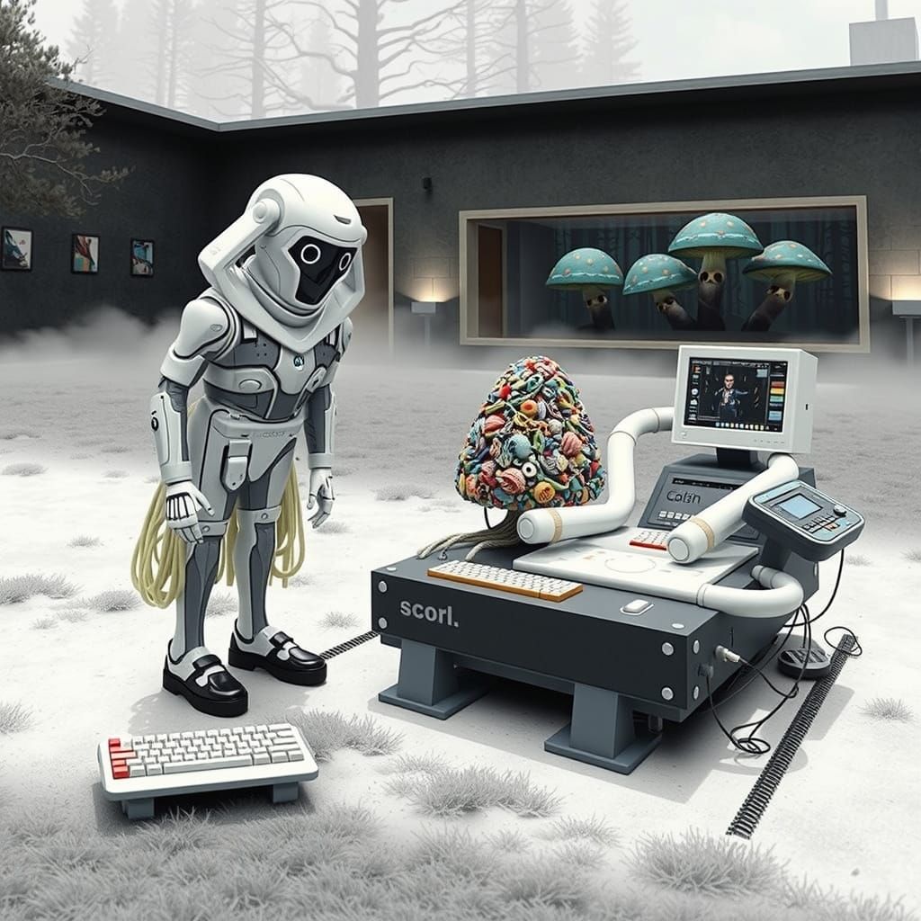 Hyperreal Computer in Gum Bungalow with Mushroom Flags