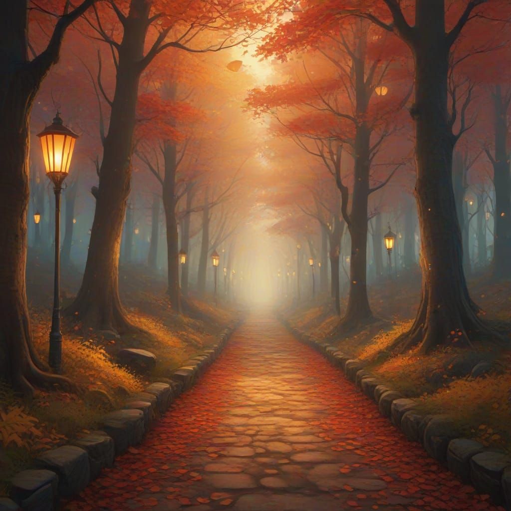 Enchanted Autumn Forest Path with Glowing Lanterns
