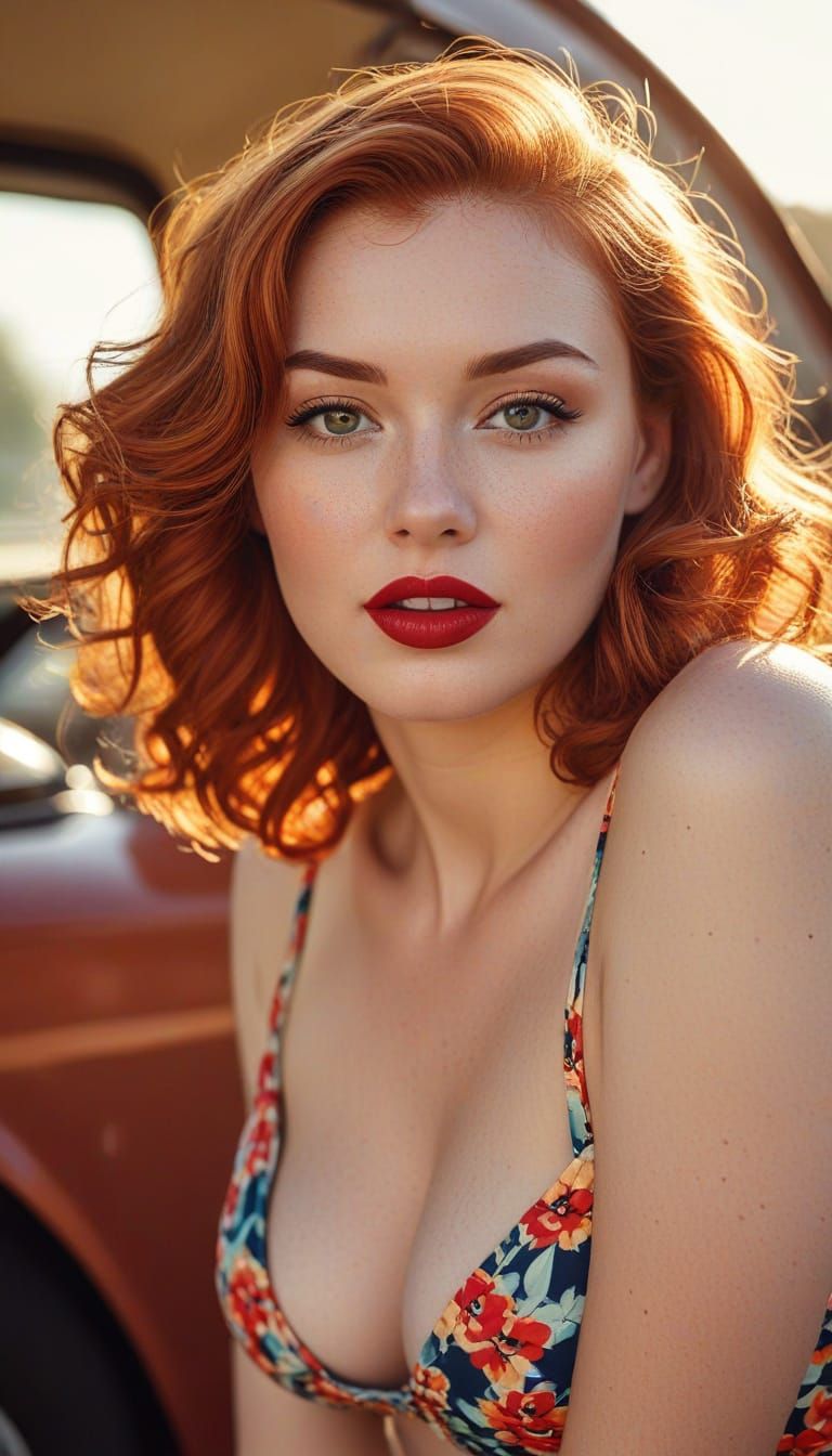 Retro Pin-Up Girl Posing with Vintage Car