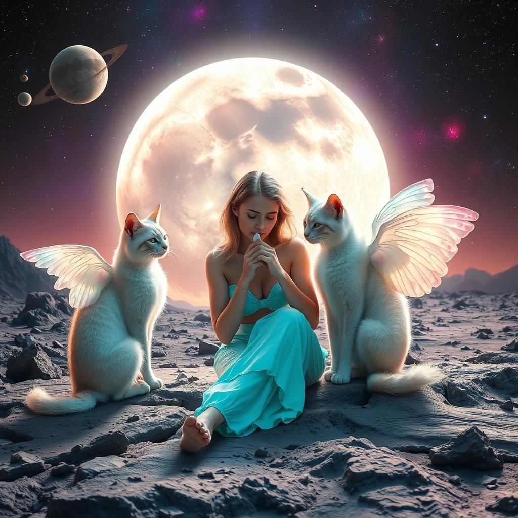 Ethereal Lunar Cats Comfort a Woman on the Moon