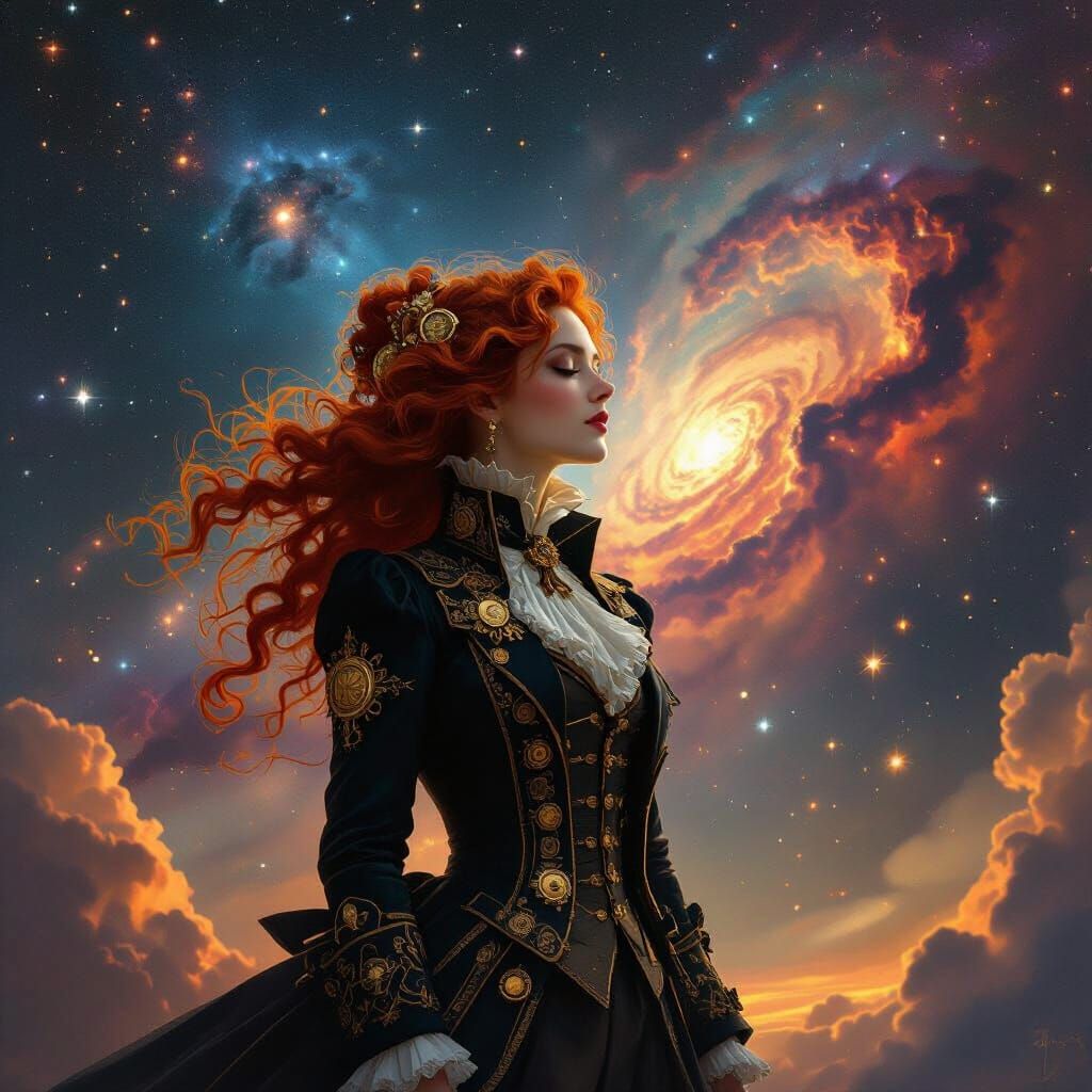 Victorian Time Traveler in Starry Nebula, Dreamlike Style