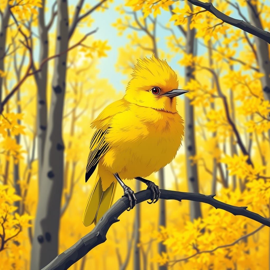 Whimsical Yellow Bird in Sunny Forest, Vibrant Art
