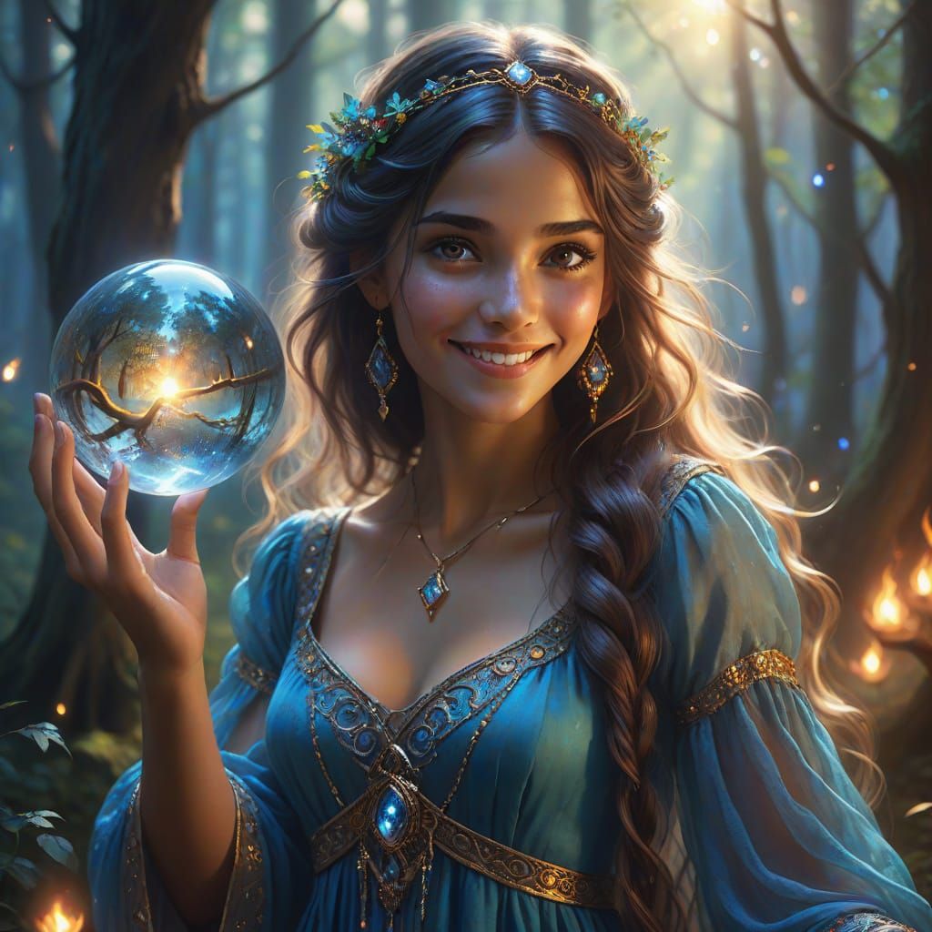 Enchanted Gypsy Woman in Whimsical Forest Scene