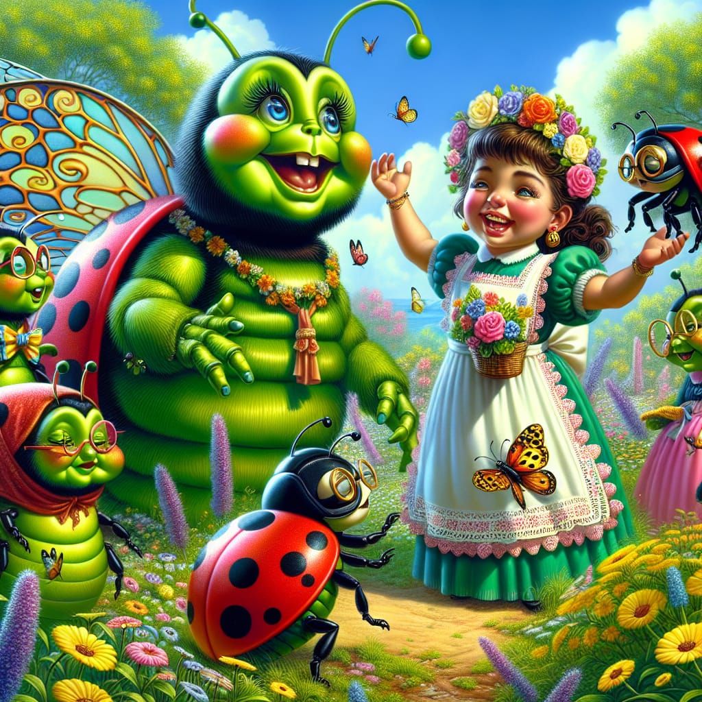Miniature Girl Plays with Whimsical Ladybugs in Vibrant Mead...