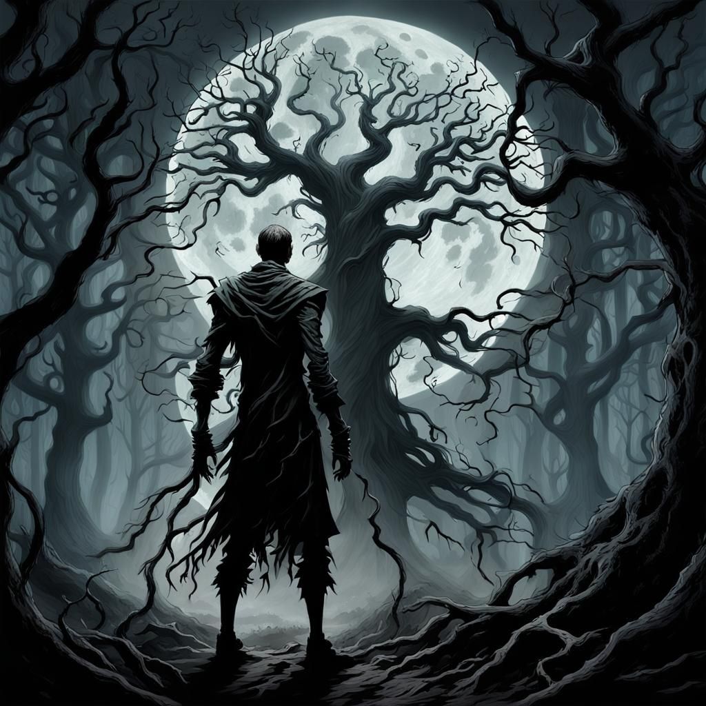 Dark Figure in Haunted Forest Under Full Moon