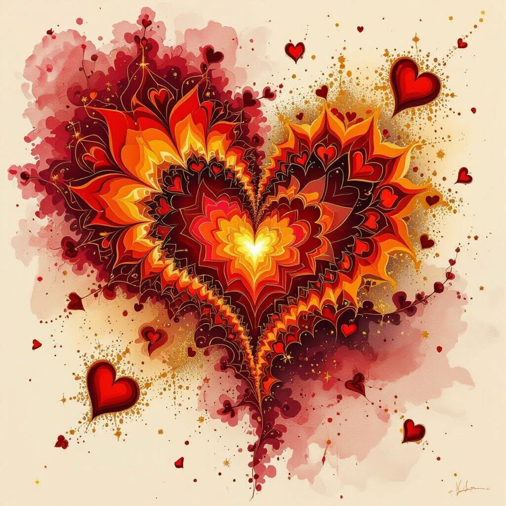 Fractal Heart Pattern with Ink Splash and Gold Sparks