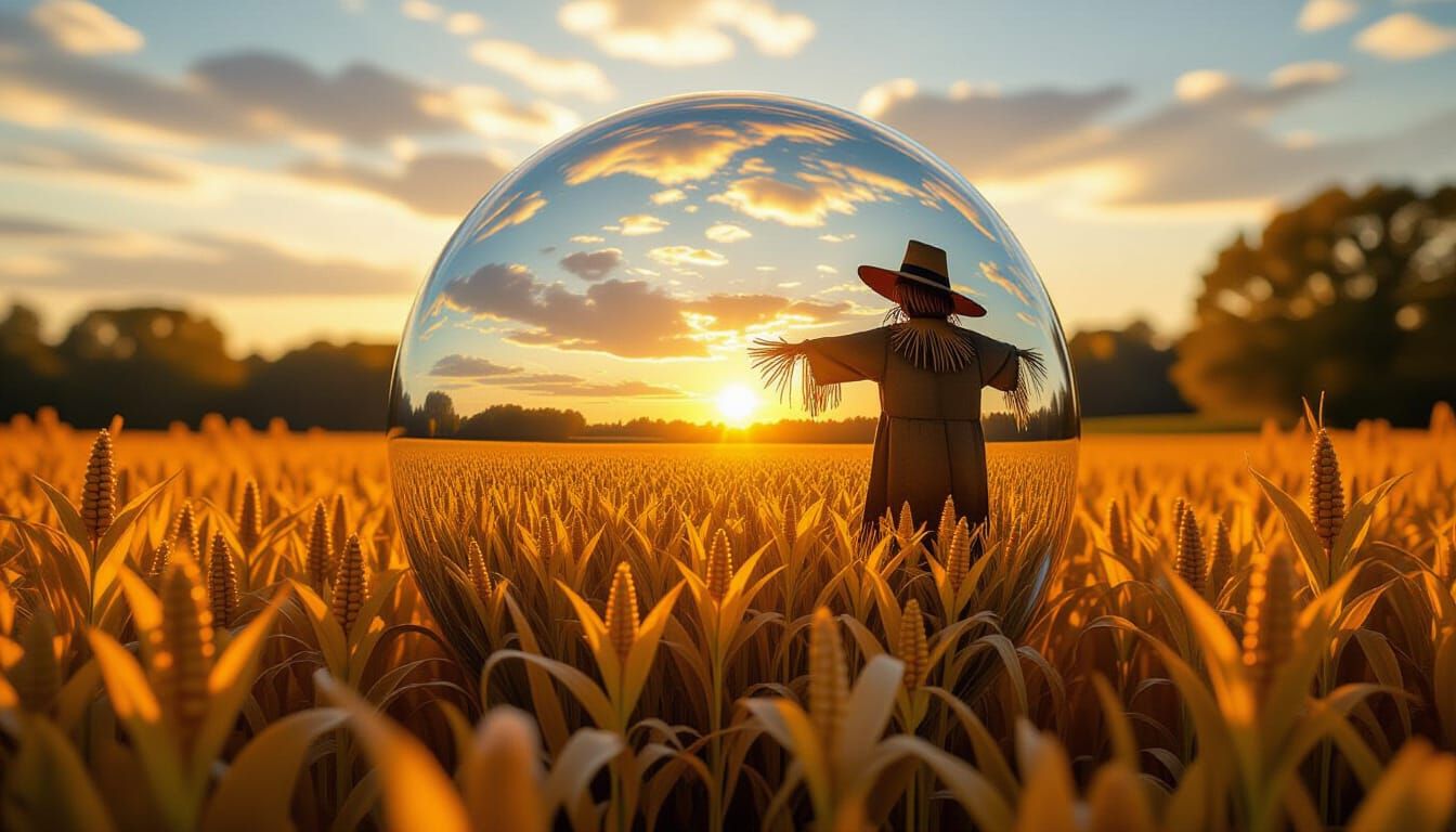Crystal Ball Autumn Field Scene in Alcohol Ink Style