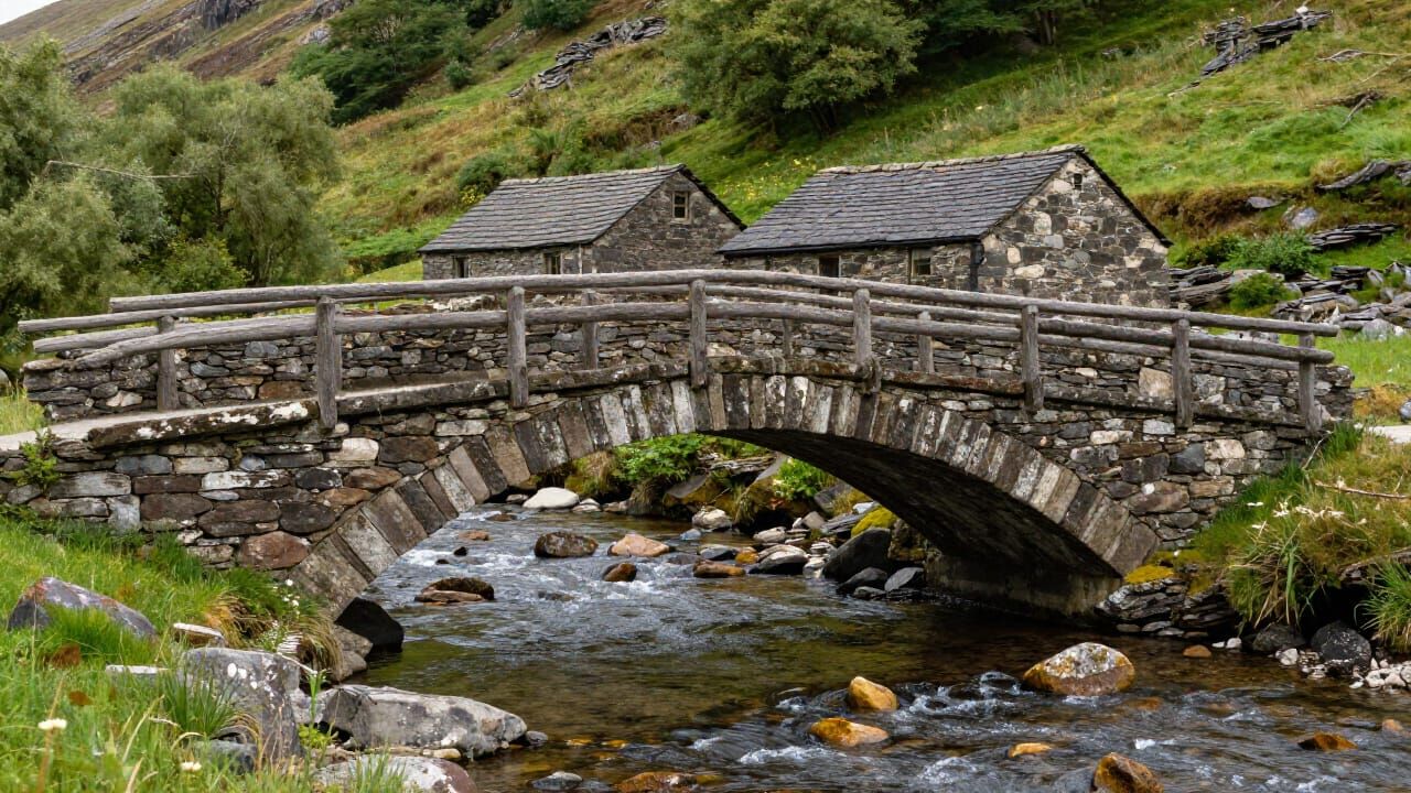 Realistic Stone Arch Bridge Over Clear Stream in Rural Lands...