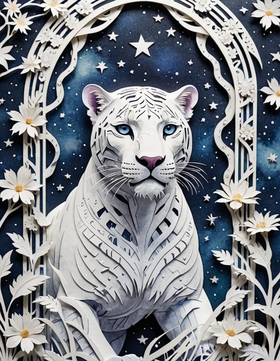 White Panther with Art Deco Galactic Sky Background