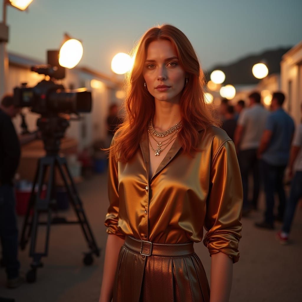 Red-Haired Woman on Bustling Movie Set at Dusk
