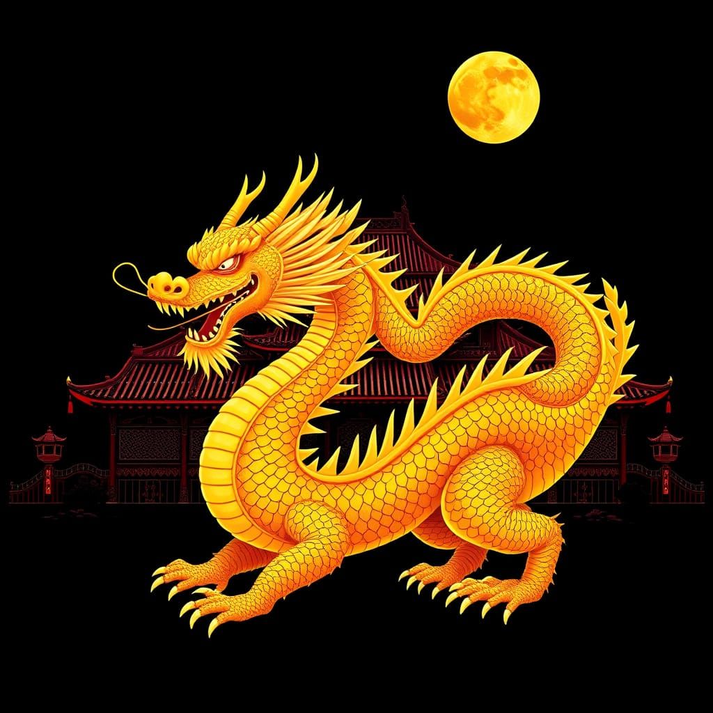 Majestic Golden Dragon Before Chinese Palace