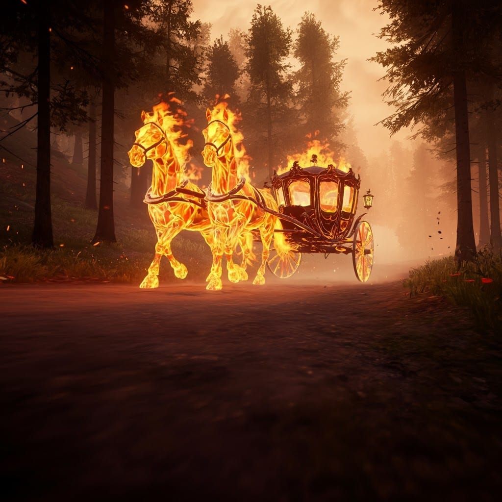 Fiery Carriage Races Through Burning Forest