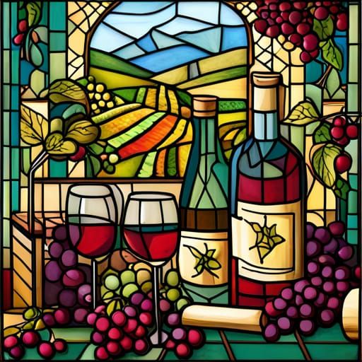 Stained Glass Wine Bottles and Grapes