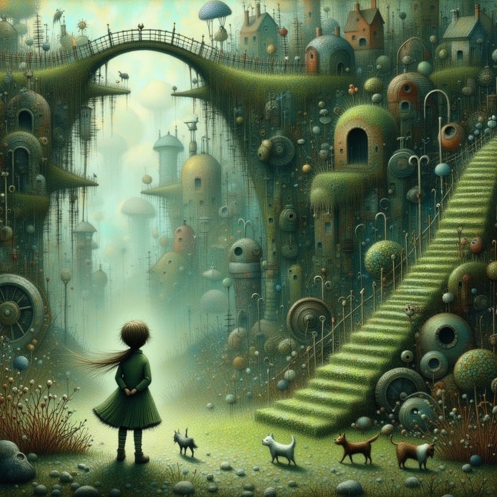 Mechanical Vines and Gears in Whimsical Landscape