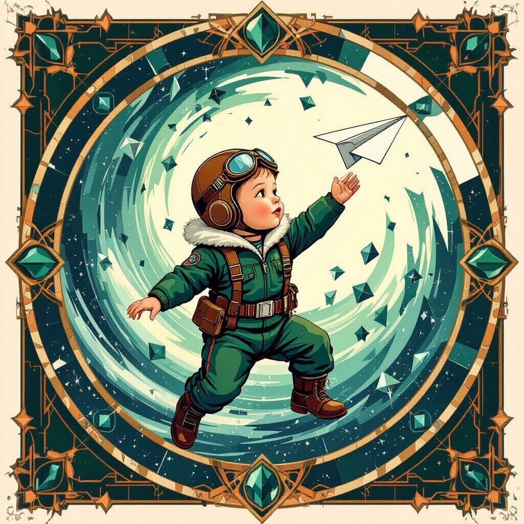 Baby Aviator Flying Paper Plane to Mystical Realm